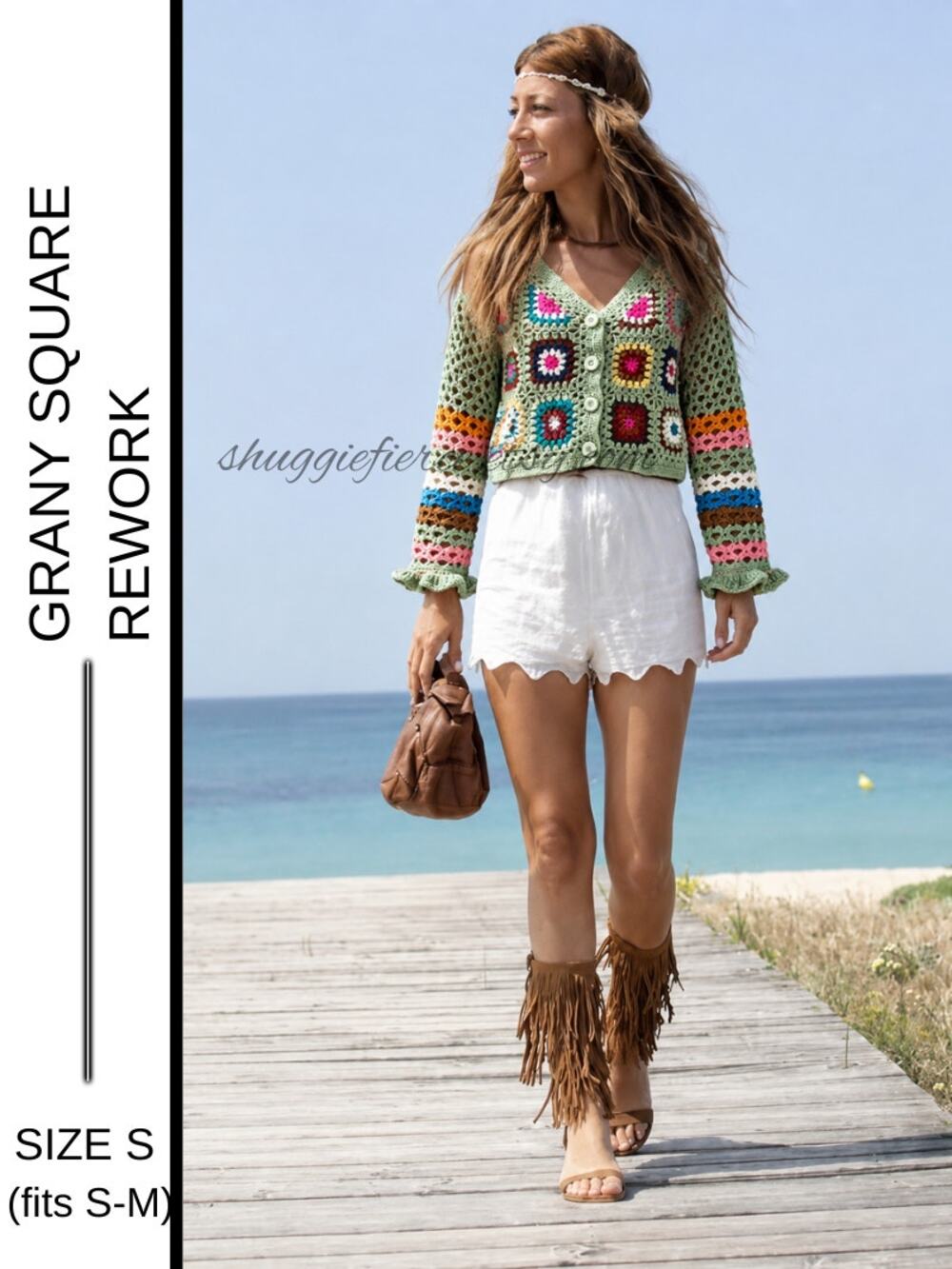 ✨ Boutique Granny Square Crochet Ruffle Sleeve Sweater | Size S (fits S-M)✨